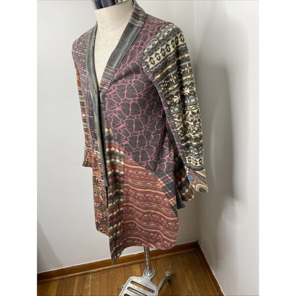 Sacred Threads Cardigan Womens M Open Front Boho Artsy Mixed Prints Asymmetrical - Picture 5 of 8
